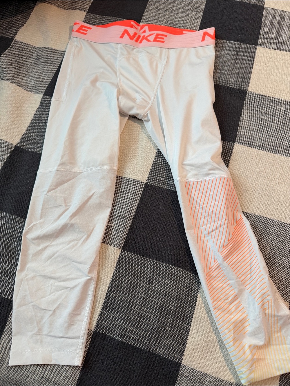 Nike White Compression Tights with Coral Waistband and Accent Stripes